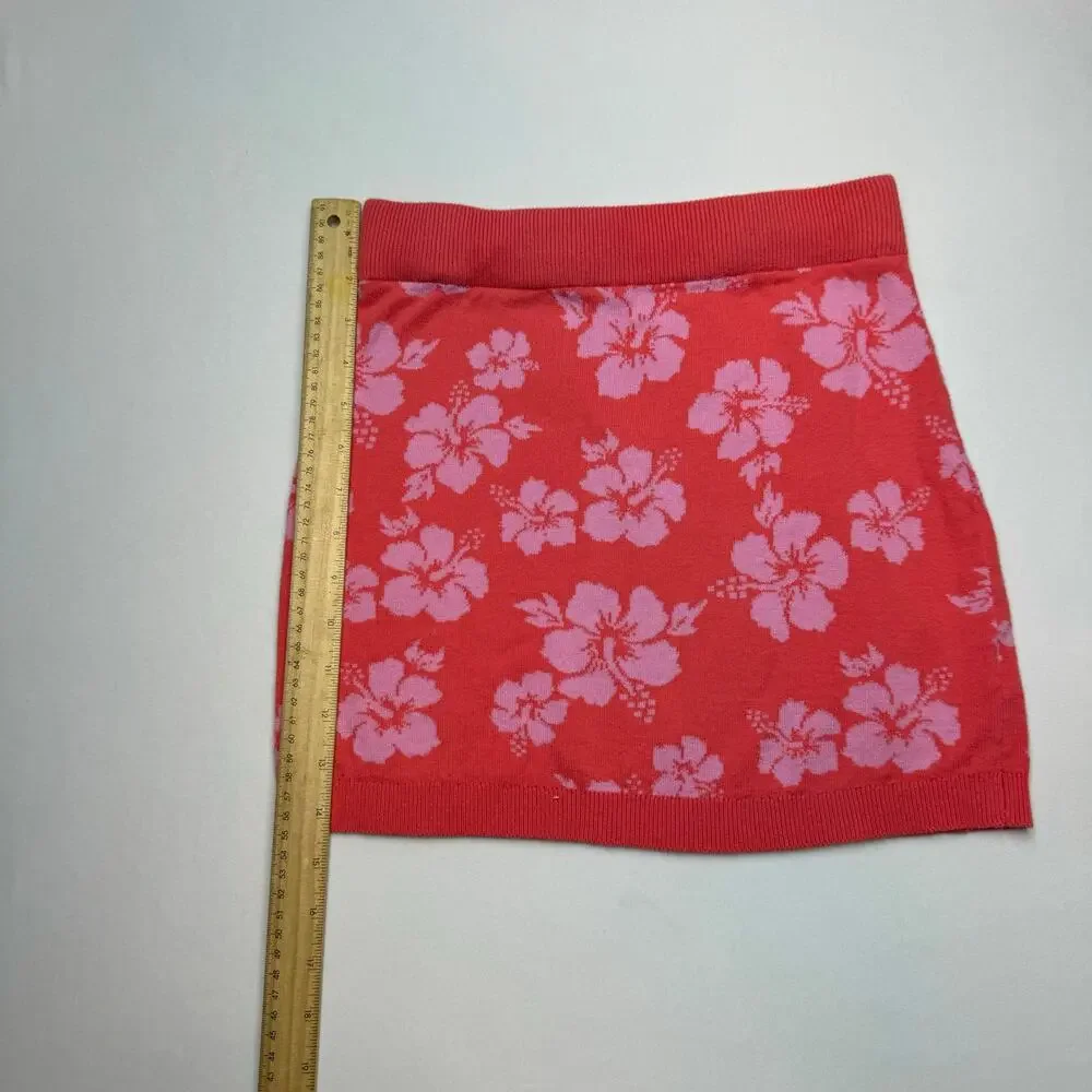 Art Class Hibiscus Knit Mini Skirt L 10/12 Red Pink Floral Y2K Coconut Girl Boho - Picture 7 of 10